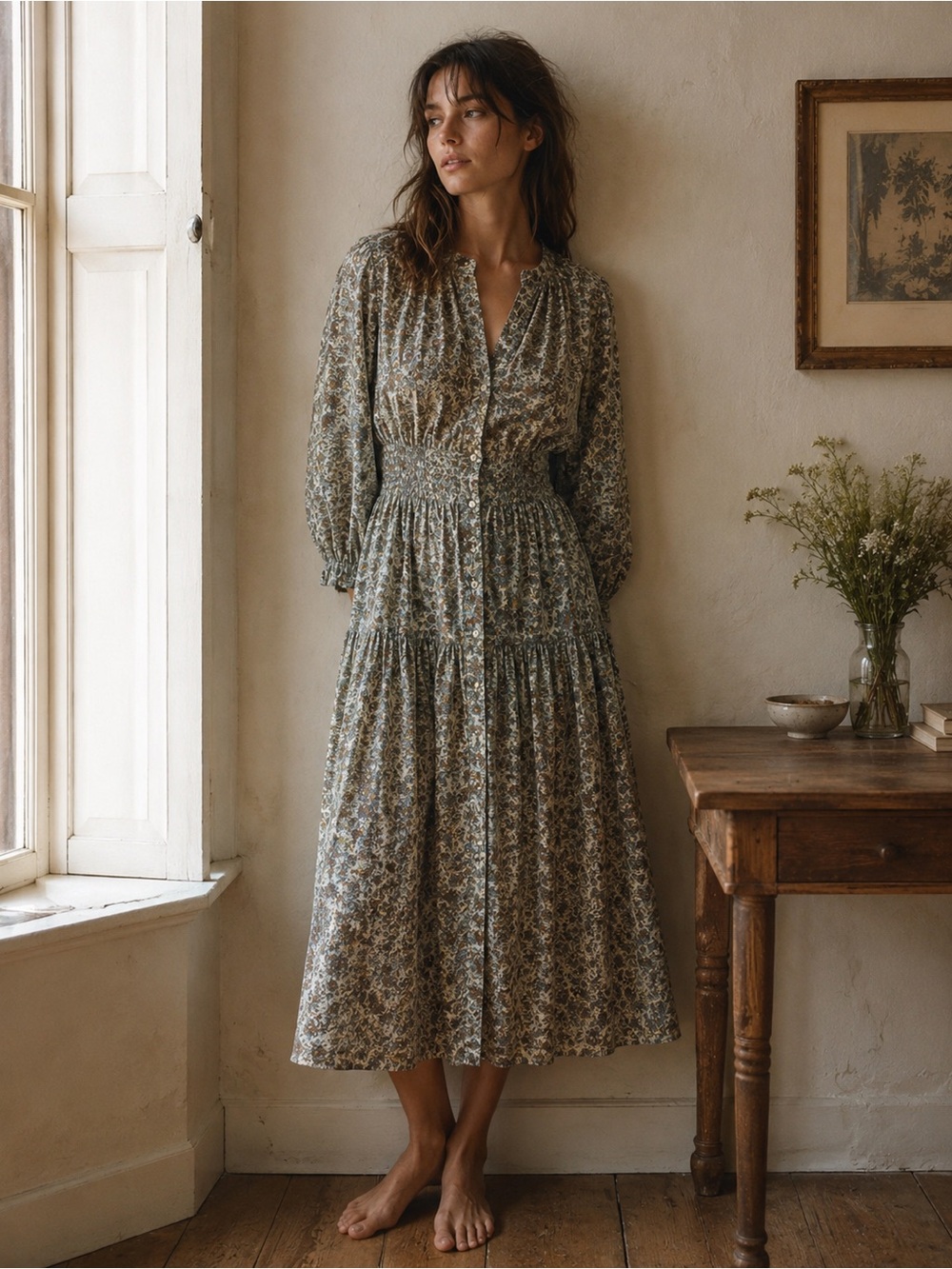 DÔEN Rosamund Floral Paisley Midi Dress XS Cinched Waist Button Front Boho